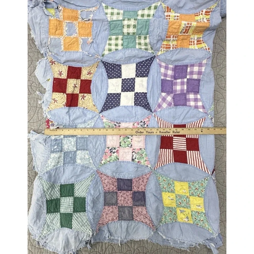 Antique Cutter Quilt Blue Drunkards‎ Path Patchwork Primitive Fabric Handmade